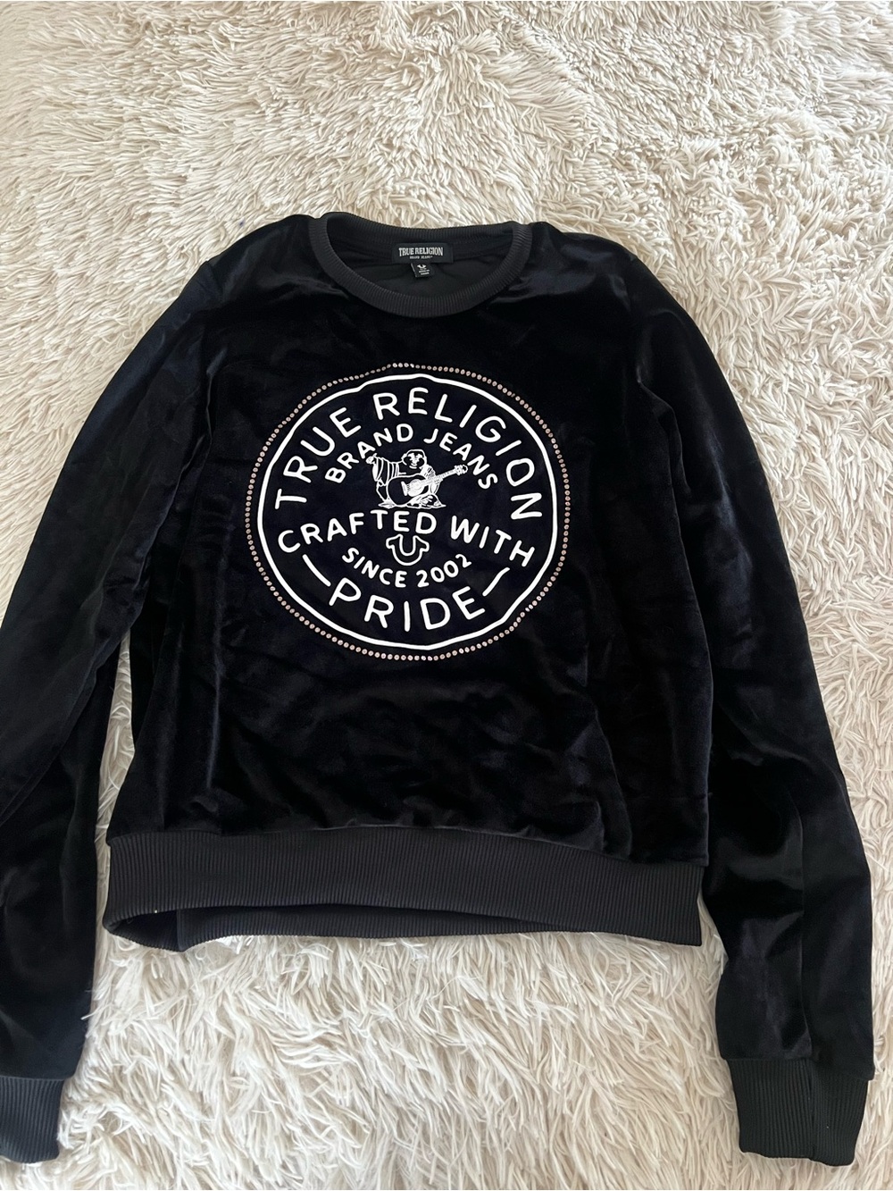 True Religion Black Velvet Crewneck with White Emblem